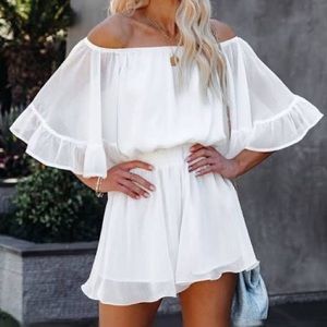 Definitely Demure Off The Shoulder Chiffon Romper - White - Small